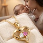 Personalized Double Heart Birthstones Necklace with Name Dainty Jewellery Anniversary Mother's Day Gift for Mom Grandma