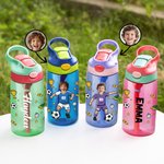 Personalized Cartoon Soccer Character Face Photo Name 16 oz Water Bottle with Silicone Straw and Handle Birthday Back to School Gift for Boys Girls