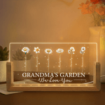 Personalised Grandma's Garden Birth Flower Rectanglar Acrylic LED Night Light with Wooden Base and Name Mother's Day Gift for Mom Grandma
