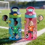 Personalized Cartoon Soccer Character Face Photo Name 16 oz Water Bottle with Silicone Straw and Handle Birthday Back to School Gift for Boys Girls