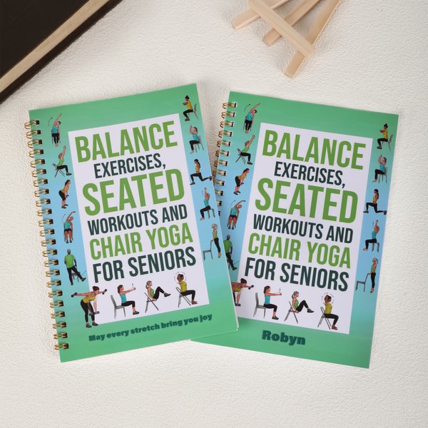 Personalized Elderly Chair Yoga Postures Spiral A5 Gym Planner Notebook with Text Yoga Exercise Guide Birthday Gift for Senior Family Friend