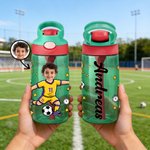 Personalized Cartoon Soccer Character Face Photo Name 16 oz Water Bottle with Silicone Straw and Handle Birthday Back to School Gift for Boys Girls