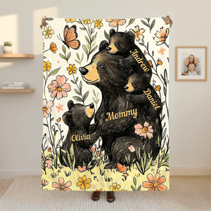 Personalised Flower Cute Mom Bear and 1-5 Baby Bears Soft Throw Blanket with Names Room Decor Mother's Day Gift for Mom