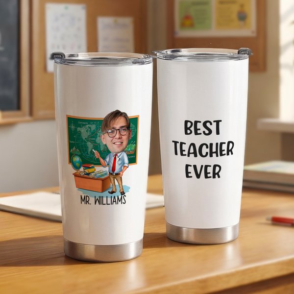 Personalized Multicolour Cartoon Teacher Character Photo 20 oz Tumbler with Name Teacher's Day Thanksgiving Day Birthday Gift for Male Teacher