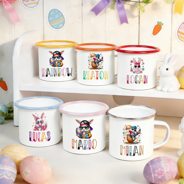 Henkilökohtainen söpö aurinkolasit kani 12 oz emali muki nimi syntymäpäivä pääsiäinen puolue lahja lapsille