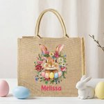 Personalised Cute Easter Bunny Birth Flower Large Capacity Jute Tote Bag with Name Daily Use Easter Gift for Friends Kids