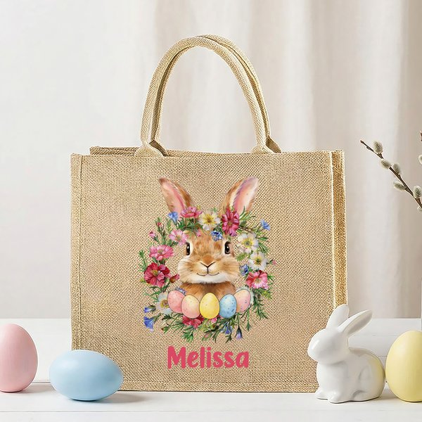 Personalised Cute Easter Bunny Birth Flower Large Capacity Jute Tote Bag with Name Daily Use Easter Gift for Friends Kids