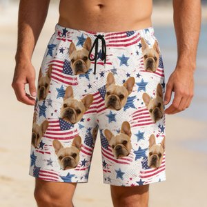 Personalised 1-5 Face Photo American Flag Quick Dry Swim Trunks Beach Shorts with Mesh Lining Independence Day Beach Party Gift for Men
