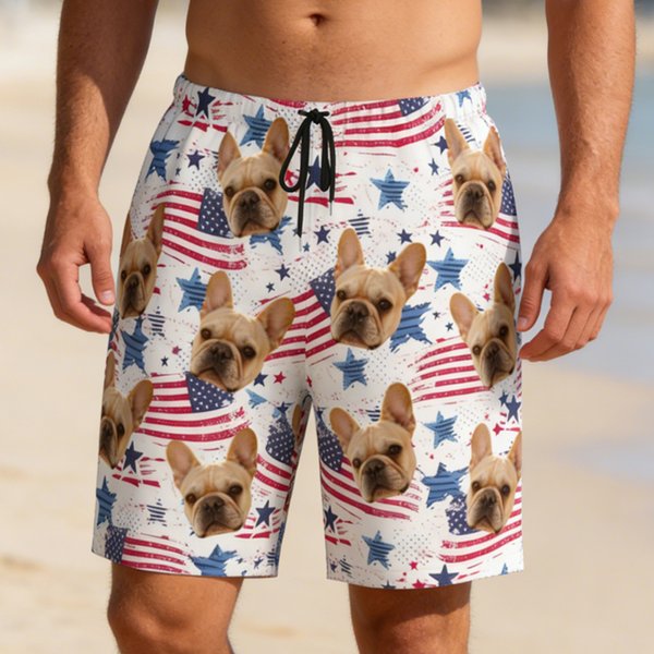 Personlig 1-5 ansiktsfoto amerikansk flagg hurtigtørkende badebukse badeshorts med nettingfôr Independence Day Beach Party gave til menn