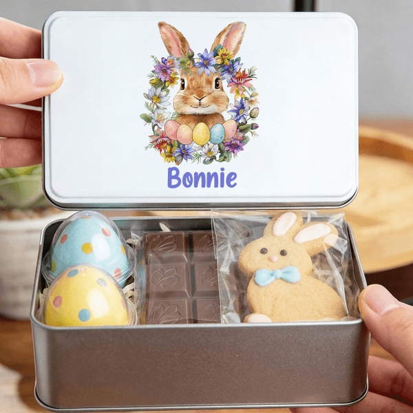 Personalisierte niedliche Hase Geburt Blumenkranz Ostern Keksdose mit Namen Ostern Party Geschenk für Kinder