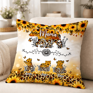 Personalised Bear Mom and 1-6 Baby Bears Sunflower Leopard Print Soft Cushion Cover with Names Home Decor Mother's Day Gift for Mom