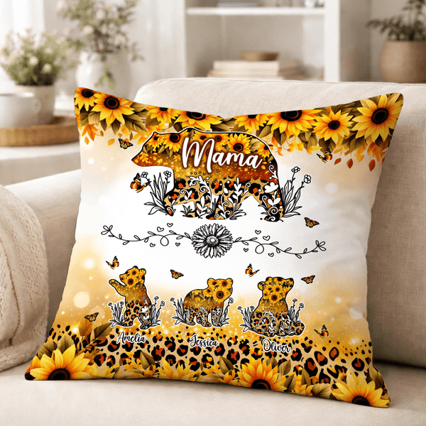 Personalised Bear Mom and 1-6 Baby Bears Sunflower Leopard Print Soft Cushion Cover with Names Home Decor Mother's Day Gift for Mom