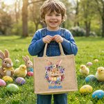 Personalised Cute Easter Bunny Birth Flower Large Capacity Jute Tote Bag with Name Daily Use Easter Gift for Friends Kids