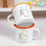 Taza esmaltada personalizada de 355 ml con nombre e inicial floral estilo de Peter Rabbit regalo de Pascua y cumpleaños para niños