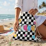 Personalizzato colorato Leopard Plaid Design Drawstring Bag con nome Attività all'aperto Beach Party Birthday Gift per donne Besties Family
