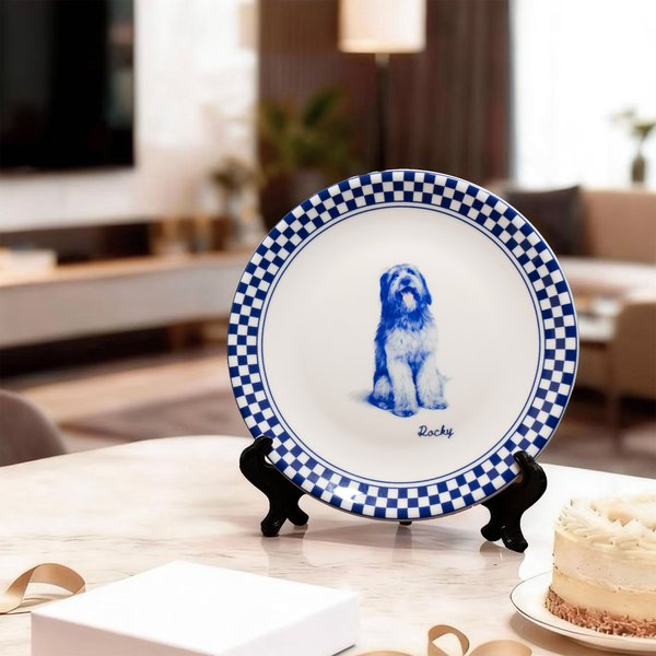 Personalized Hand-Drawn Style Pet Portrait Ceramic Plate with Name and Stand Home Decor Daily Use Sympathy Memorial Gift for Pet Owner