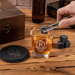 Personalized Retro Initial Whiskey Glass 4 Stones Wooden Box Set with Name Father's Day Birthday Anniversary Gift for Men
