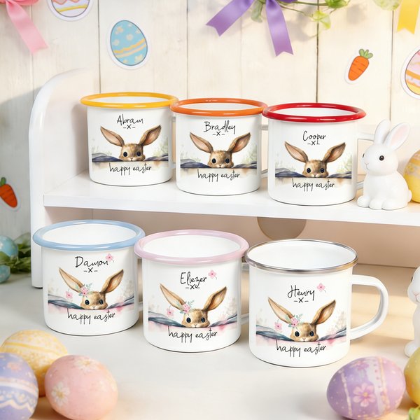 Tazza personalizzata Happy Easter Cute Bunny 12 oz smaltata con nome Festa di Pasqua Regalo di compleanno per bambini