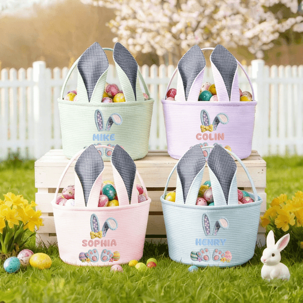 Personalised Crocheted Imitation Rabbit Paw Easter Egg Ears Stripe Easter Basket with Name Easter Party Favor Eggs Hunting Gift for Kids