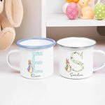 Taza esmaltada personalizada de 355 ml con nombre e inicial floral estilo de Peter Rabbit regalo de Pascua y cumpleaños para niños