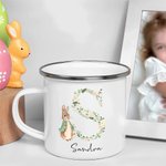 Taza esmaltada personalizada de 355 ml con nombre e inicial floral estilo de Peter Rabbit regalo de Pascua y cumpleaños para niños