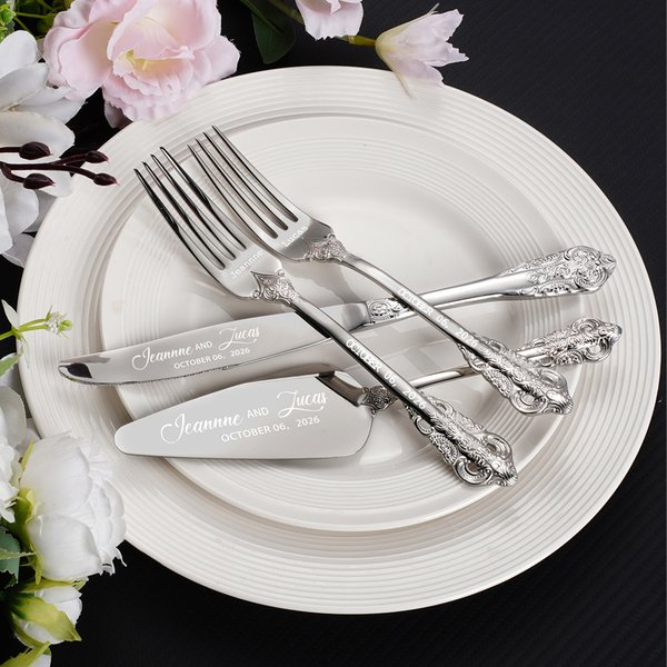 Set de couteau pelle fourchettes à gâteau personnalisé avec nom et date - Boîte cadeau incluse - Cadeau mariage fiançailles anniversaire pour couple