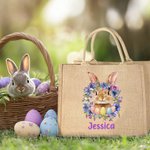 Personalised Cute Easter Bunny Birth Flower Large Capacity Jute Tote Bag with Name Daily Use Easter Gift for Friends Kids