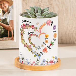 Personalised Watercolour Birth Flower Butterfly Love Heart Ceramic Flower Pot with Name Mother's Day Birthday Gift for Grandma Mom