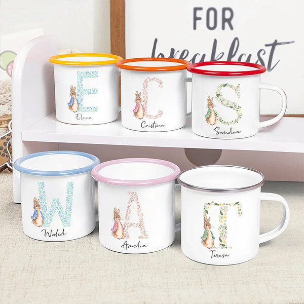 Taza esmaltada personalizada de 325 ml con nombre e inicial floral estilo personaje de dibujos animados regalo de Pascua y cumpleaños para niños