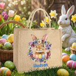 Personalised Cute Easter Bunny Birth Flower Large Capacity Jute Tote Bag with Name Daily Use Easter Gift for Friends Kids