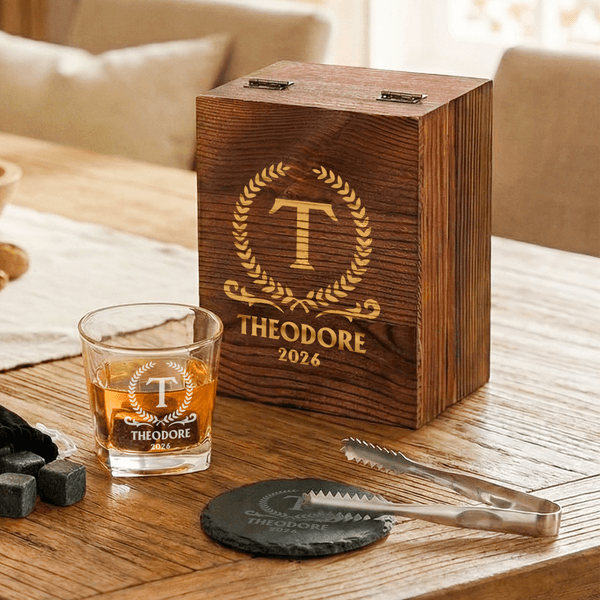 Personalized Retro Initial Whiskey Glass 4 Stones Wooden Box Set with Name Father's Day Birthday Anniversary Gift for Men