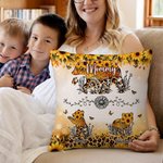 Personalised Bear Mom and 1-6 Baby Bears Sunflower Leopard Print Soft Cushion Cover with Names Home Decor Mother's Day Gift for Mom