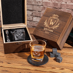 Personalized Retro Initial Whiskey Glass 4 Stones Wooden Box Set with Name Father's Day Birthday Anniversary Gift for Men