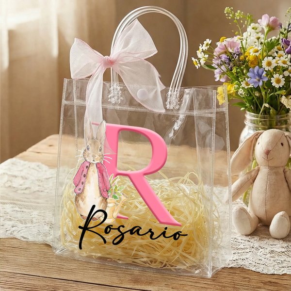 Bolsa de regalo transparente personalizada con nombre inicial Peter Rabbit y lazo regalo de Pascua y cumpleaños para niños y familia
