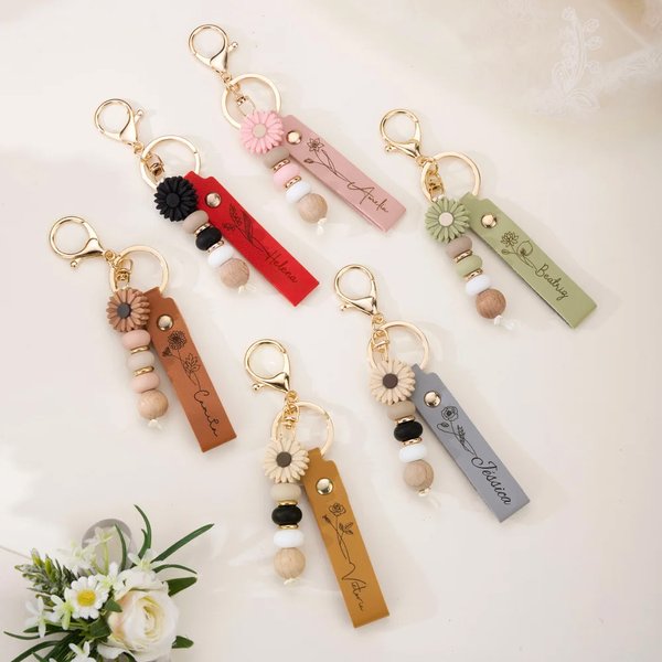 Llavero personalizado de cuero PU con nombre grabado flor de nacimiento y colgante con cuenta de margarita regalo de cumpleaños para amigas