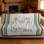 Personalized Line Art Style Moss Green Percy Stripes Adventure Awaits Tassel Soft Throw Blanket with Texts Birthday Camping Gift for Nature Lovers