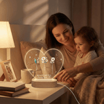 Personalized Birth Flower Heart Shape Acrylic LED Night Light with Name and Wooden Base Mother's Day Birthday Gift for Mom Grandma