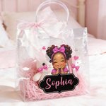 Personalized Cute Cartoon Little Girl Clear Gift Bag with Name and Ribbon Birthday Gift for Black Girl