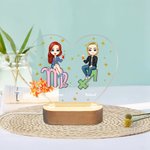 Personalised Cartoon Couple Zodiac Sign Heart-shaped Name LED Night Light with Wooden Base Home Decor Valentine's Day Anniversary Gift for Couple