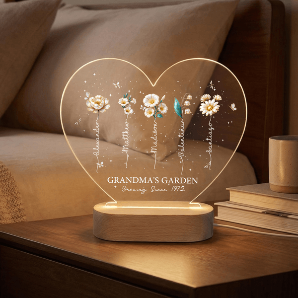 Personalized Birth Flower Heart Shape Acrylic LED Night Light with Name and Wooden Base Mother's Day Birthday Gift for Mom Grandma