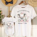 Personligt set 100 % bomull T-shirt och babybody med namn och texten Our First Mother's Day present till mamma och barn