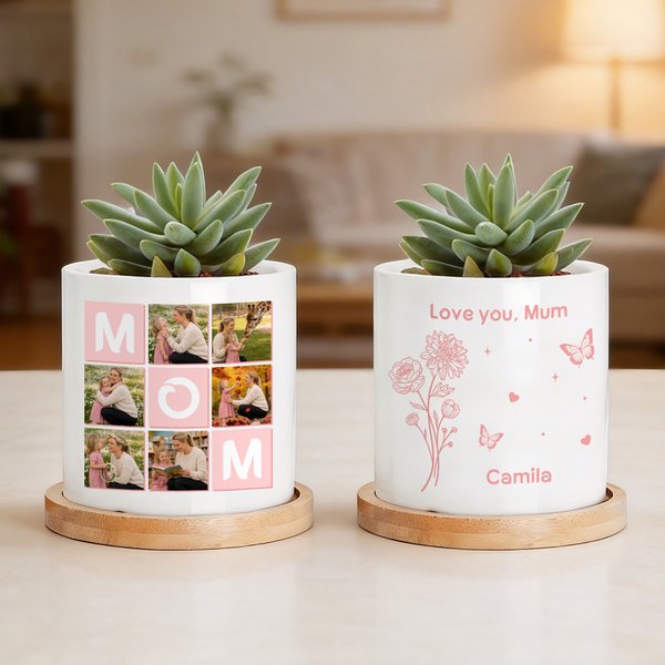 Personlig 6-fotokollage Födelseblomma Keramisk växtkruka med namn och bambubricka Mors dag Födelsedagspresent till mamma mormor