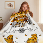 Personalized Sunflower Leopard Watercolor Mama Bear and 1-6 Baby Bears Soft Throw Blanket with Names Home Decor Mother's Day Gift for Mom Grandma