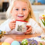 Taza esmaltada personalizada de 355 ml con borde de color nombre e inicial diseño de conejo de Pascua regalo de Pascua para niños y niñas