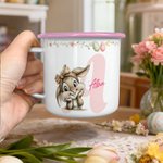 Taza esmaltada personalizada de 355 ml con borde de color nombre e inicial diseño de conejo de Pascua regalo de Pascua para niños y niñas