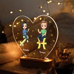 Personalised Cartoon Couple Zodiac Sign Heart-shaped Name LED Night Light with Wooden Base Home Decor Valentine's Day Anniversary Gift for Couple