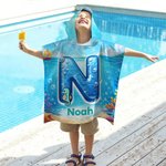 Personalised Cute Ocean Animals Initial Quick Drying Hooded Beach Towel with Name Summer Vacation Beach Party Birthday Gift for Kids