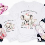 Personligt set 100 % bomull T-shirt och babybody med namn och texten Our First Mother's Day present till mamma och barn