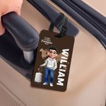 Étiquette de bagage personnalisée avec personnage de dessin animé texte et nom - Cadeau d'anniversaire pour famille et amateurs de voyage couple