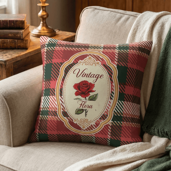 Taie d'oreiller personnalisée Vintage Plaid Birth Flower Soft avec Nom Décoration Maison Cadeau de Fête des Mères pour Maman Femme